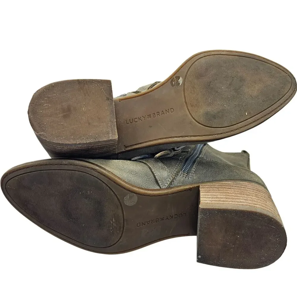 Lucky Brand Loreniah Suede Buckle Ankle Boots Booties Gray Green Sz 8.5